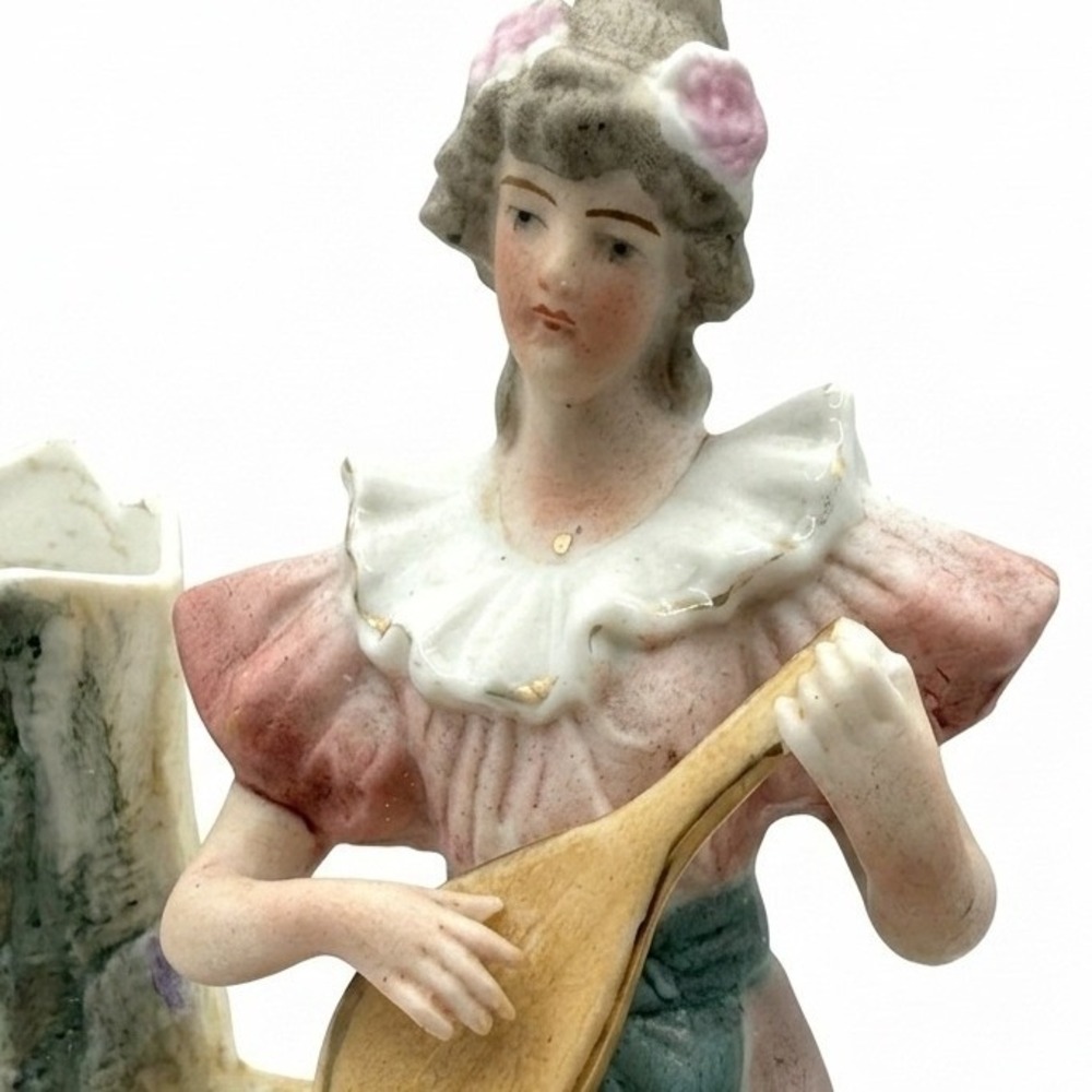 Antique German Bisque Lute Player Figurine Double Spill Vase Grape Vines c.1900 - Picture 2 of 6